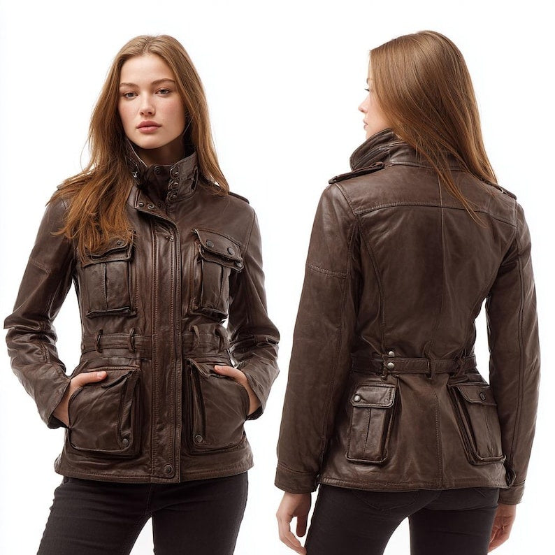 Women’s Brown Leather Utility Jacket Belted Military Style