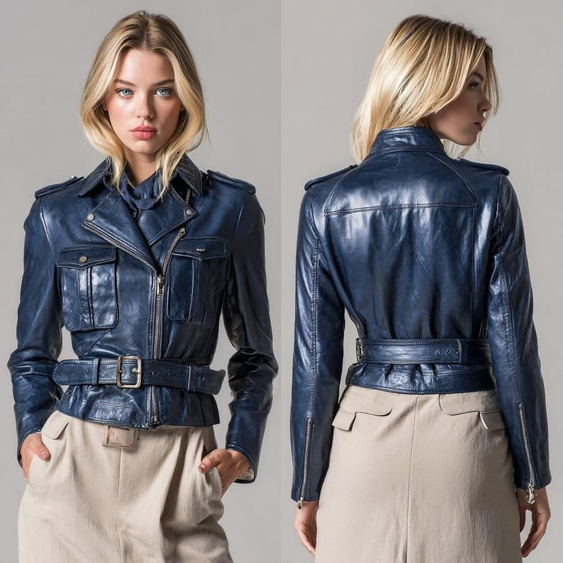 Women’s Cropped Blue Leather Trench Jacket Belted