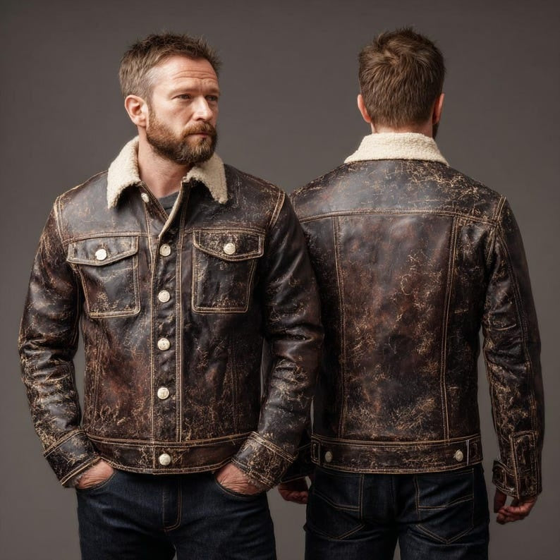 Men’s Distressed Brown Leather Jacket with Shearling Collar