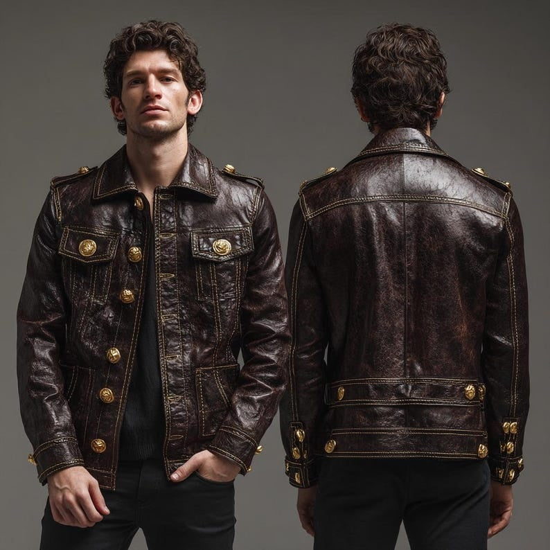 Men’s Brown Military Style Leather Jacket with Gold Buttons