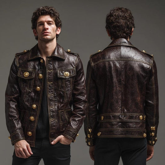 Men’s Brown Military Style Leather Jacket with Gold Buttons