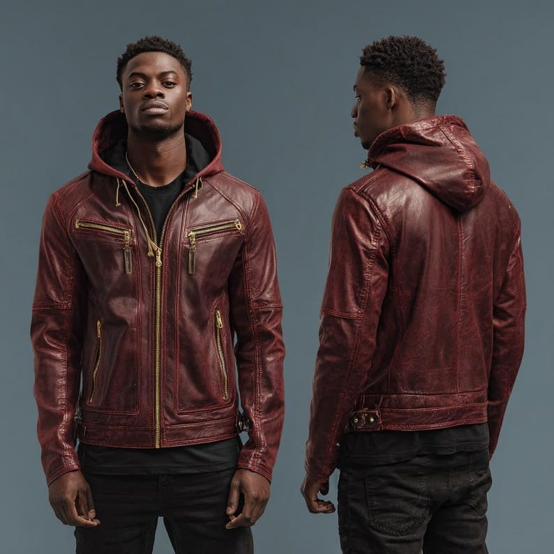 Men’s Burgundy Leather Hoodie Jacket Distressed Cowhide Biker Style