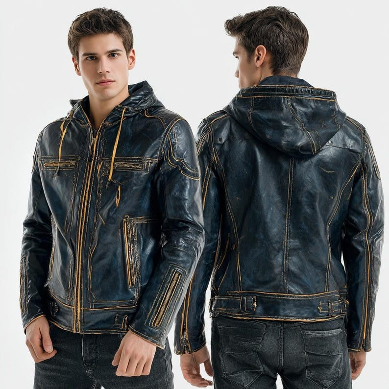 Men’s Distressed Blue Leather Hoodie Jacket Vintage Style