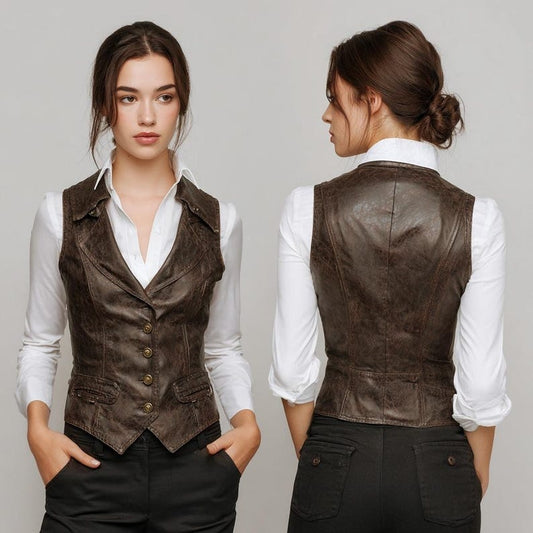 Women’s Genuine Brown Leather Waistcoat Classic Western Vest