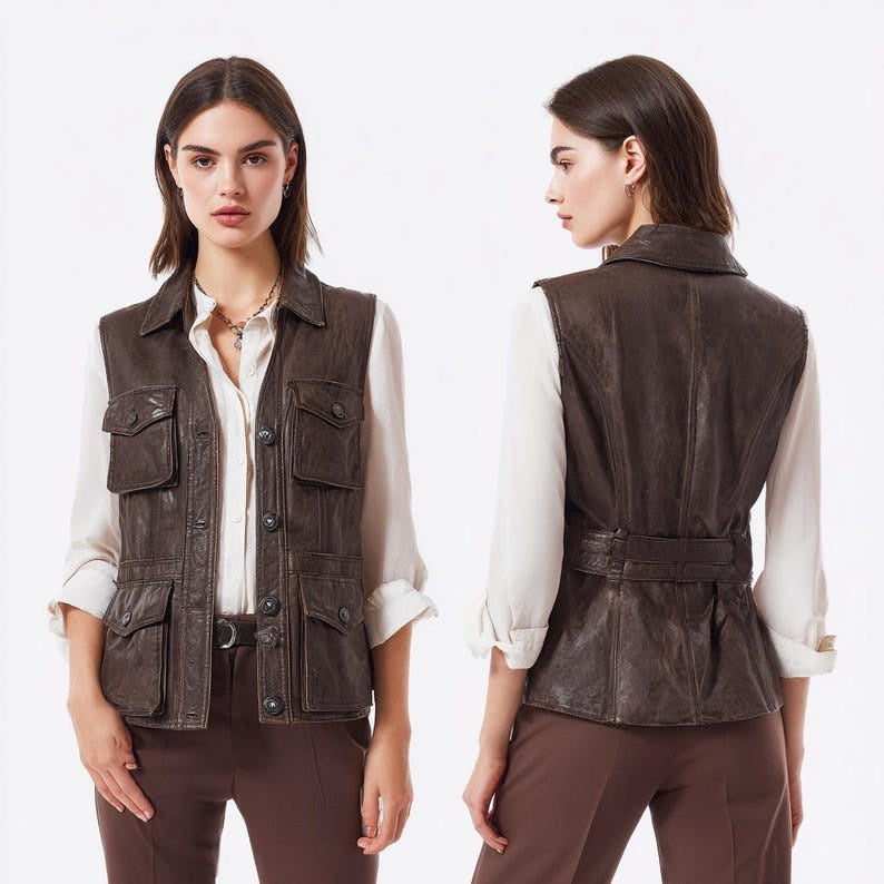Women’s Brown Leather Utility Vest Genuine Safari Style Waistcoat