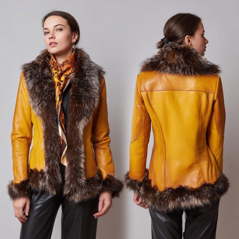 Yellow Leather Jacket with Fur Collar and Cuffs Luxury Winter Coat