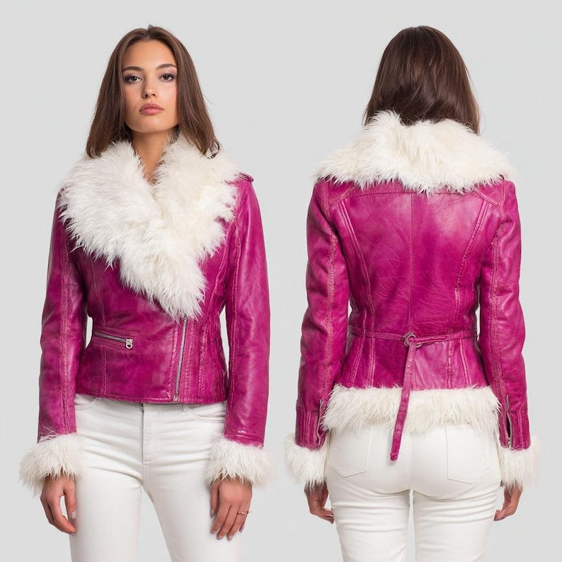 Pink Leather Jacket with Real Fur Collar and Cuffs Luxury Winter Coat