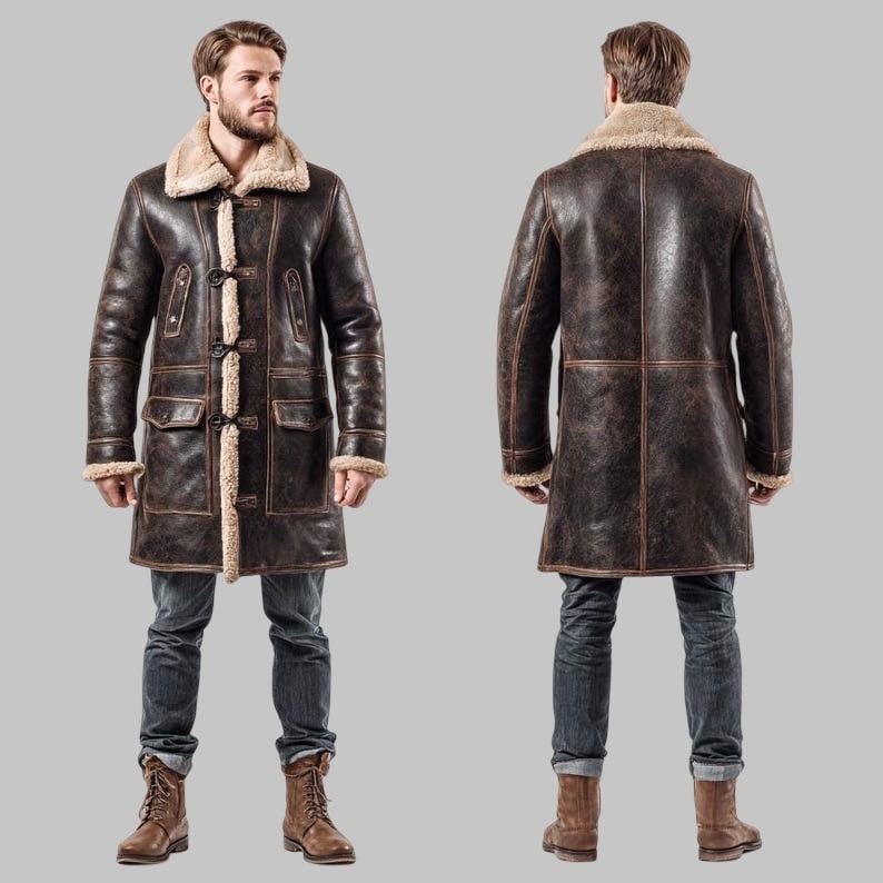 Men Dark Brown Shearling Coat Long Sheepskin Jacket
