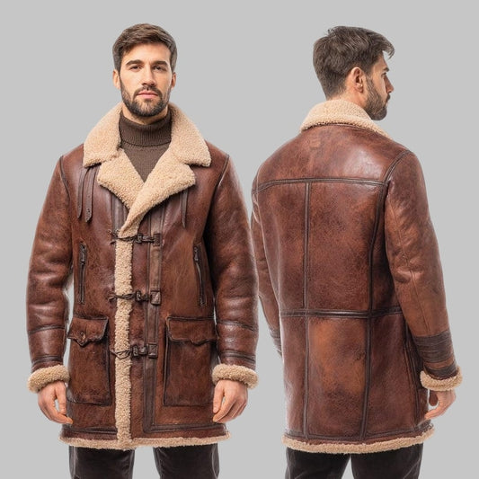 Men Vintage Brown Shearling Coat Sheepskin Winter Jacket