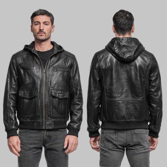 Men Black Leather Hooded Bomber Jacket