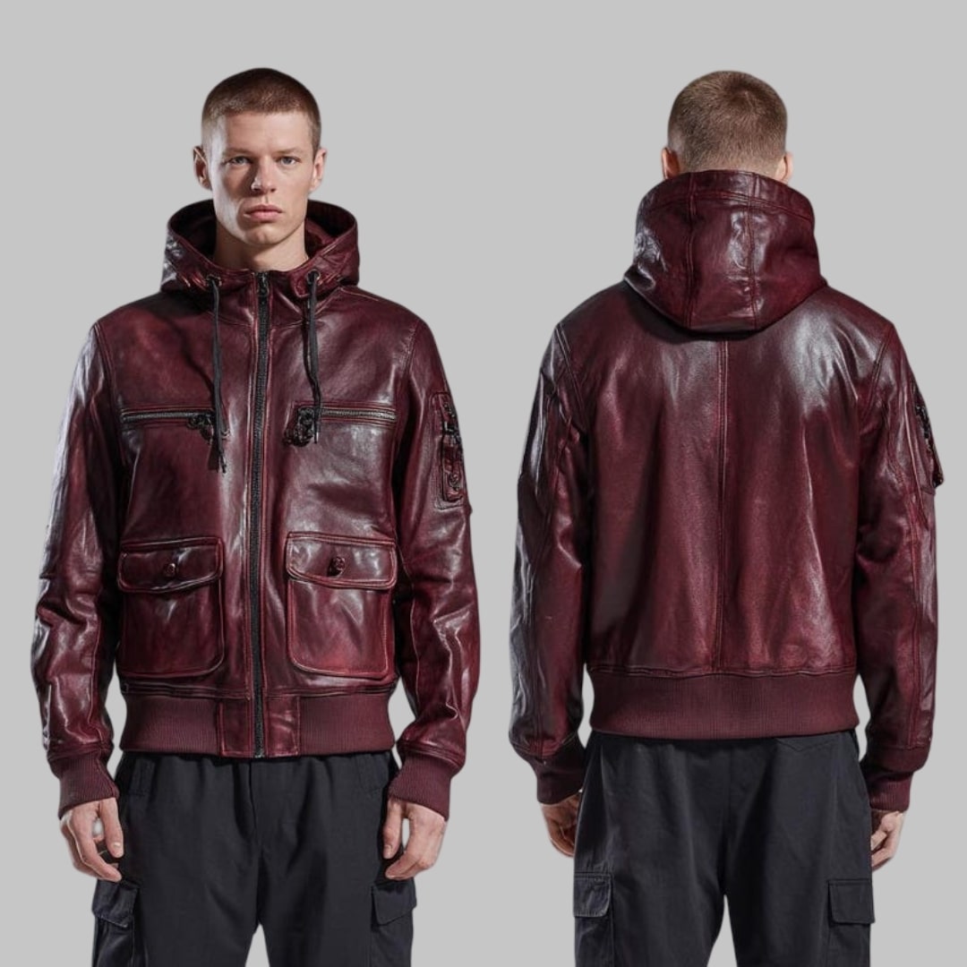 Men Black Leather Hooded Bomber Jacket