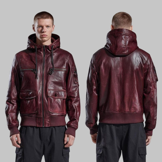 Men Black Leather Hooded Bomber Jacket