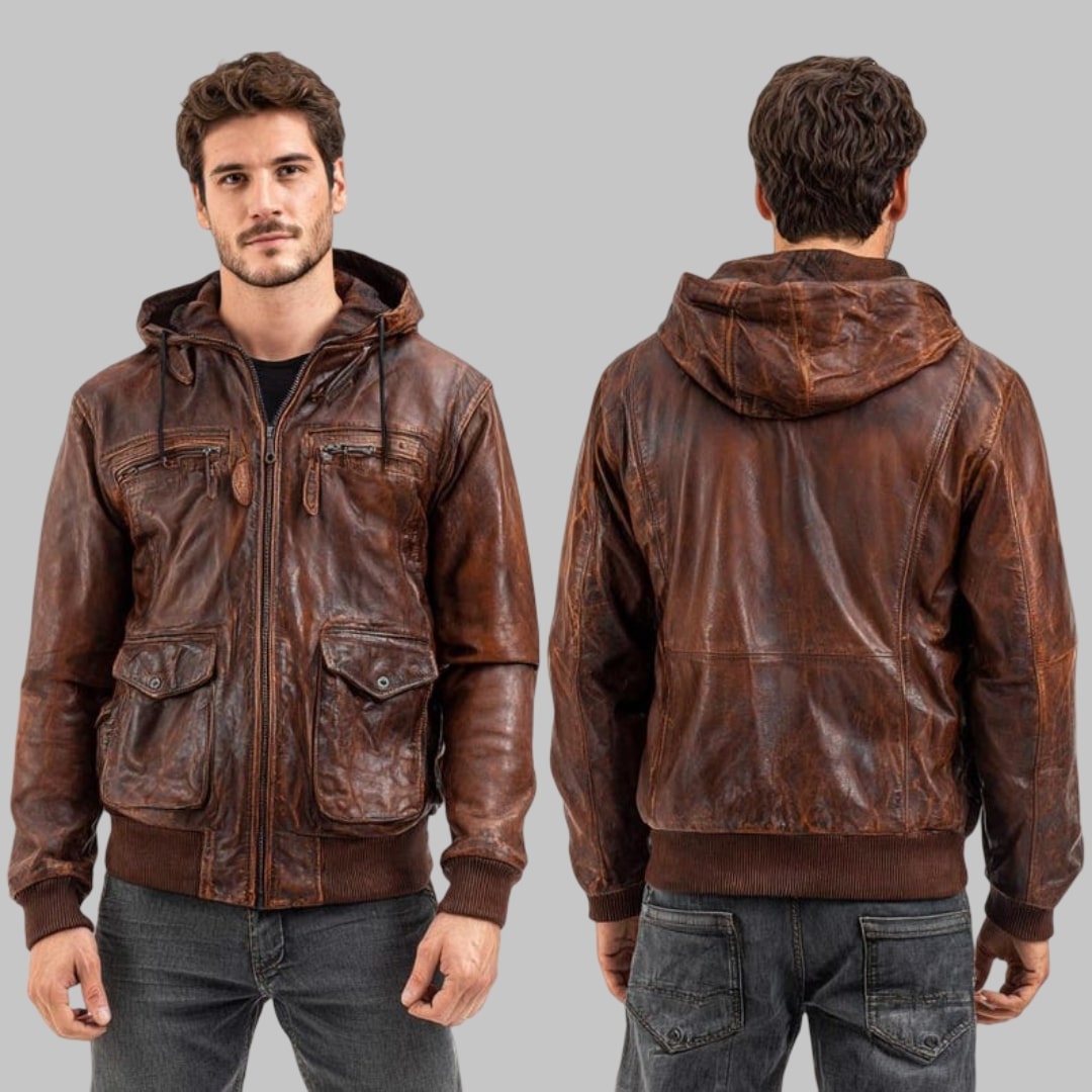 Men Black Leather Hooded Bomber Jacket