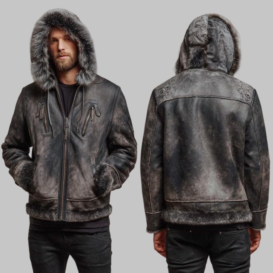 Men Distressed Black Shearling Aviator Jacket with Fur Hood