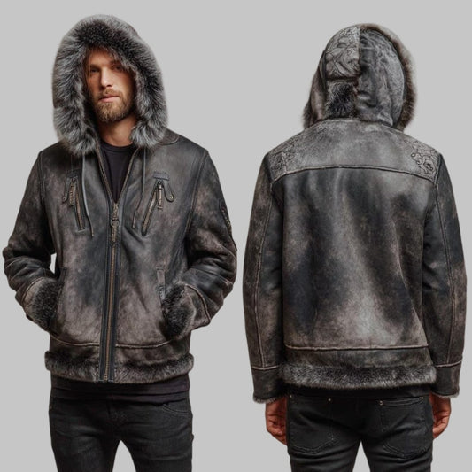 Men Distressed Black Shearling Aviator Jacket with Fur Hood