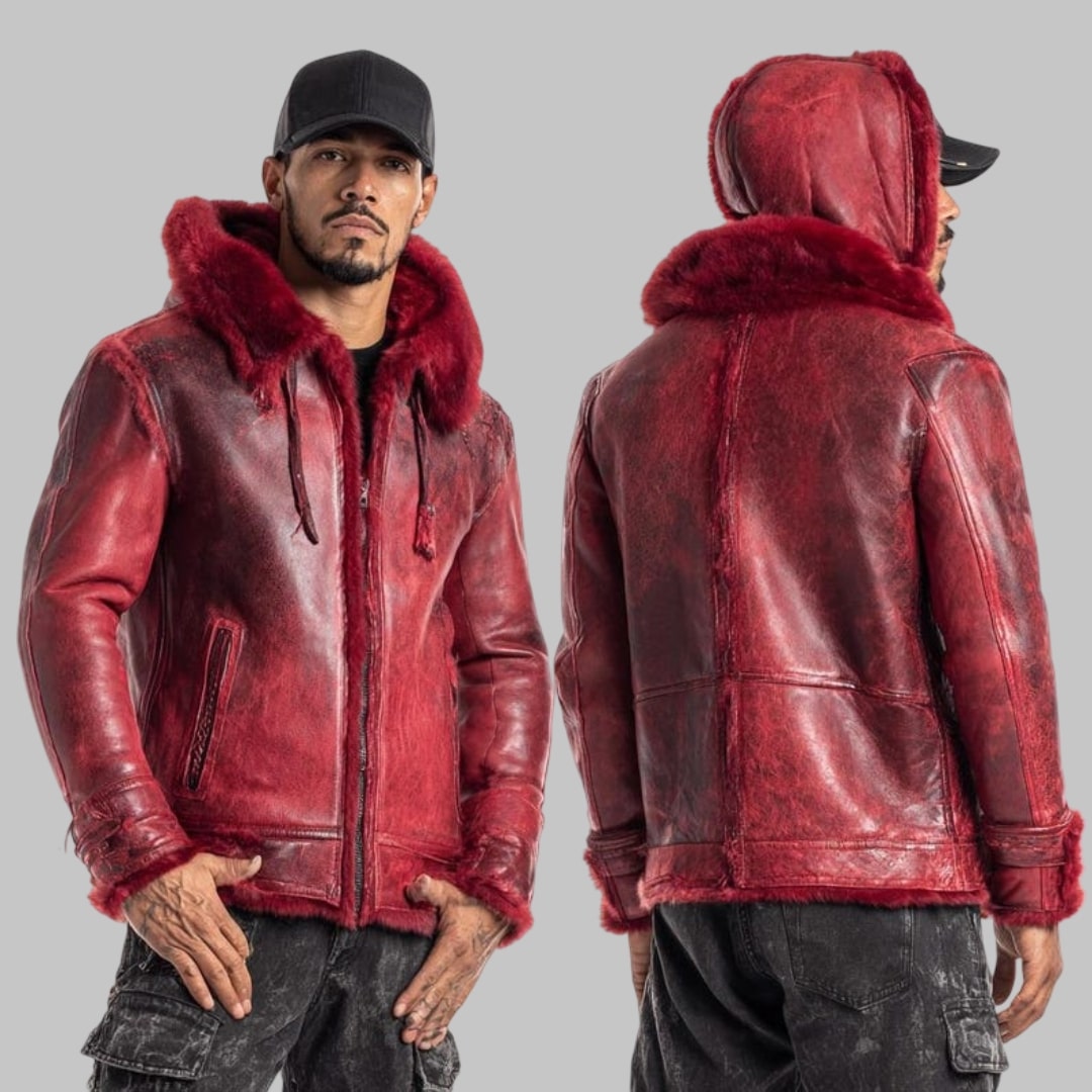 Men Red Shearling Leather Jacket with Hood