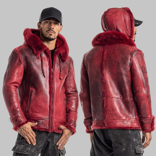 Men Red Shearling Leather Jacket with Hood