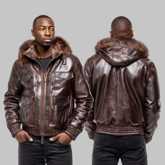 Men Brown Leather Bomber Jacket with Fur Hood