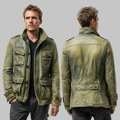 Men Vintage Distressed Leather Biker Jacket Military Style