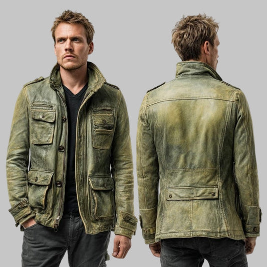 Men Vintage Distressed Leather Biker Jacket Military Style