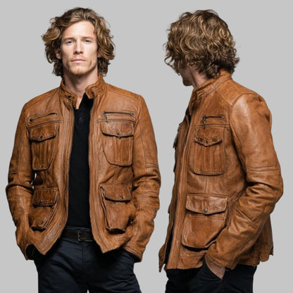 Men Vintage Distressed Leather Biker Jacket Military Style
