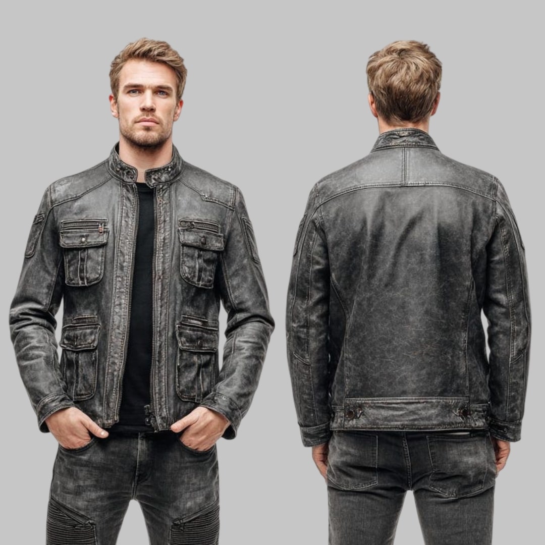 Men Vintage Distressed Leather Biker Jacket Military Style