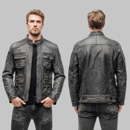 Men Vintage Distressed Leather Biker Jacket Military Style