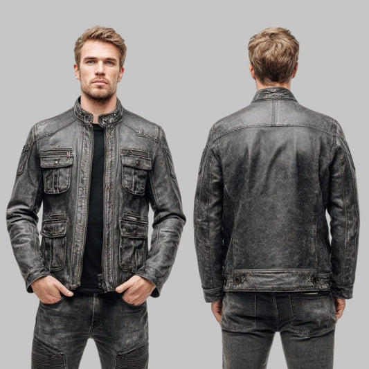 Men Vintage Distressed Leather Biker Jacket Military Style