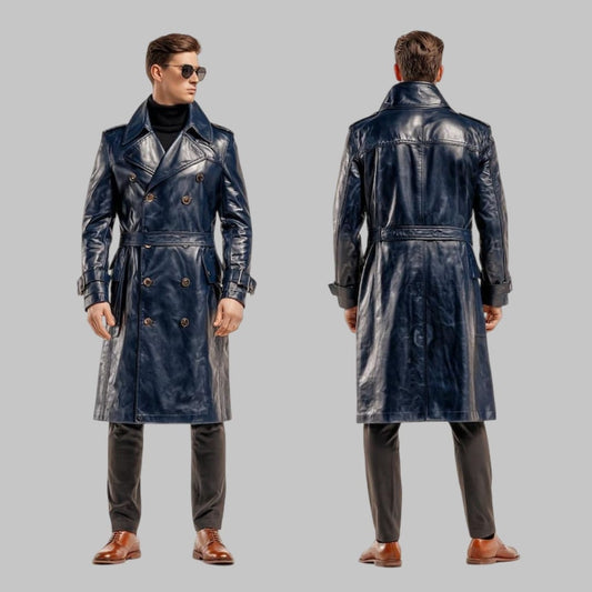 Men Cowhide Leather Trench Coat Double Breasted Overcoat