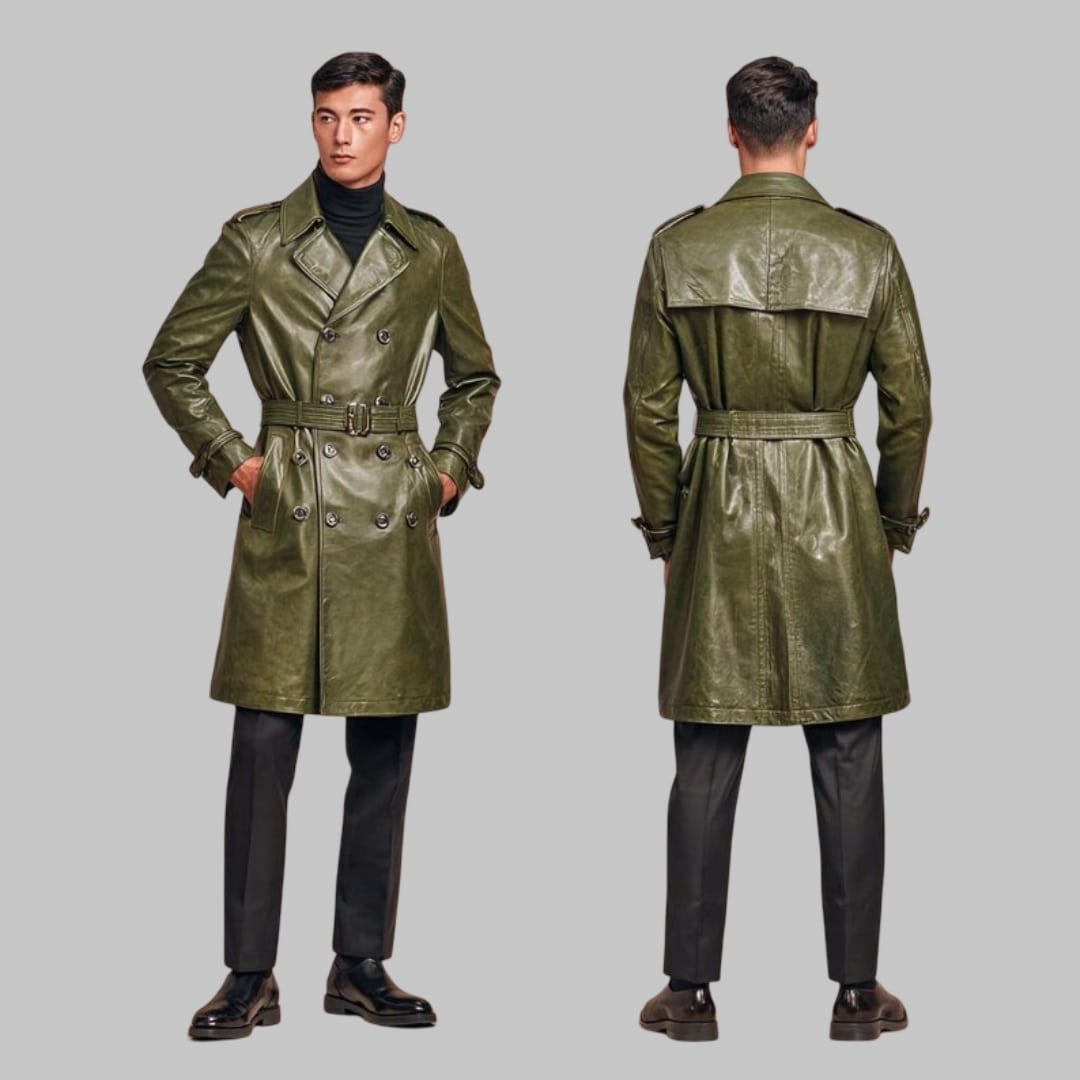 Men Cowhide Leather Trench Coat Double Breasted Overcoat
