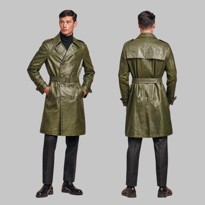 Men Cowhide Leather Trench Coat Double Breasted Overcoat