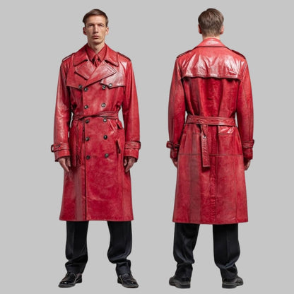 Men Cowhide Leather Trench Coat Double Breasted Overcoat