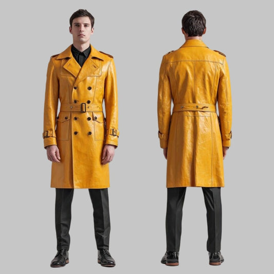 Men Cowhide Leather Trench Coat Double Breasted Overcoat