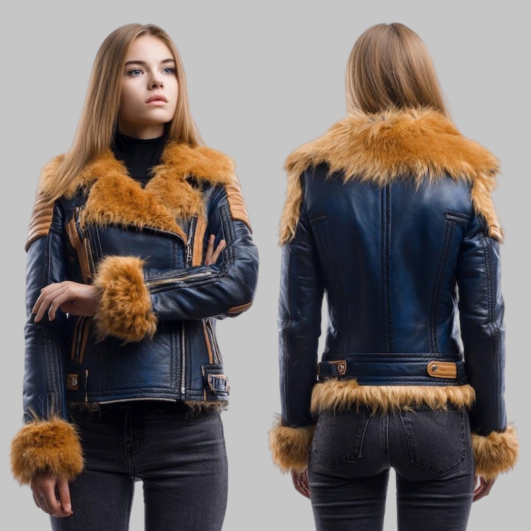 Navy Blue Leather Biker Jacket with Tan Fur Trim
