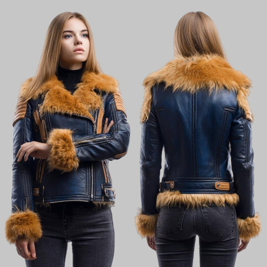 Navy Blue Leather Biker Jacket with Tan Fur Trim
