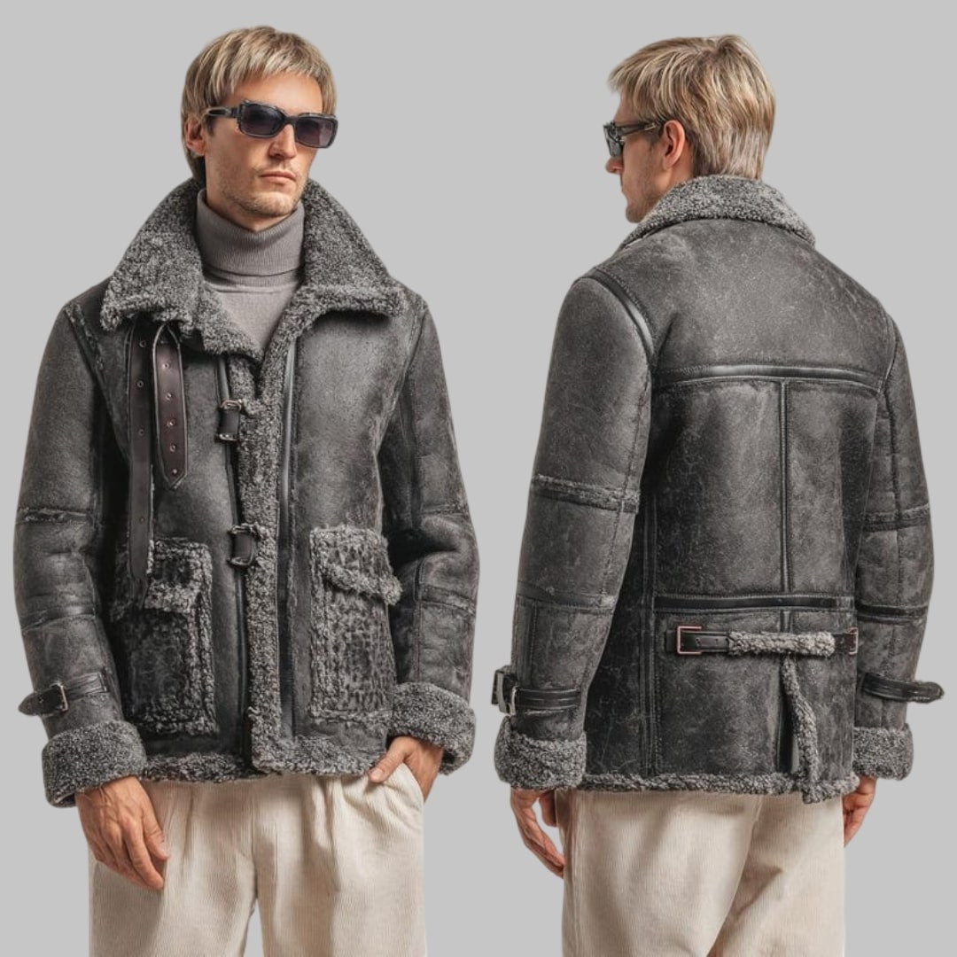 Men Shearling Sheepskin Coat with Fur Lining