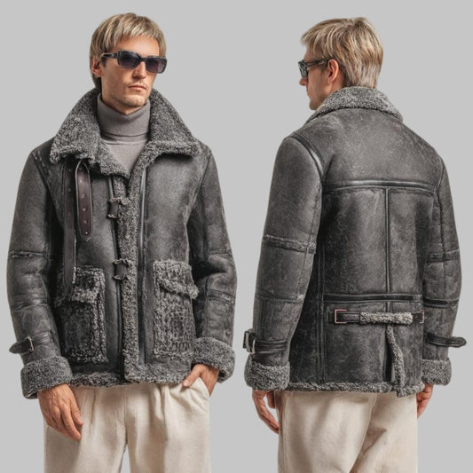 Men Shearling Sheepskin Coat with Fur Lining