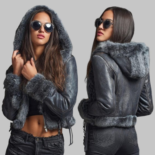 Women Cropped Black Leather Jacket with Fur Hood
