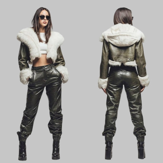 Women Green Leather Jacket with White Fur Trim