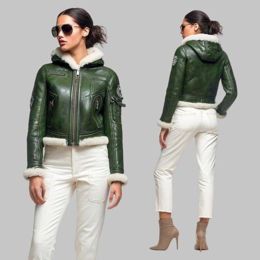 Women Green Shearling Leather Jacket with Hood