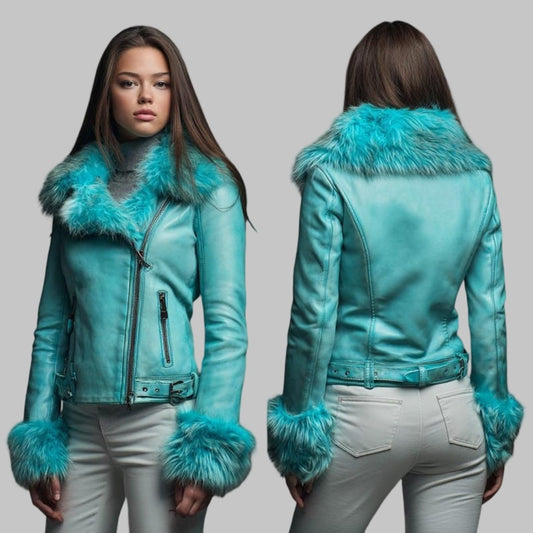 Women Turquoise Leather Biker Jacket with Faux Fur Trim