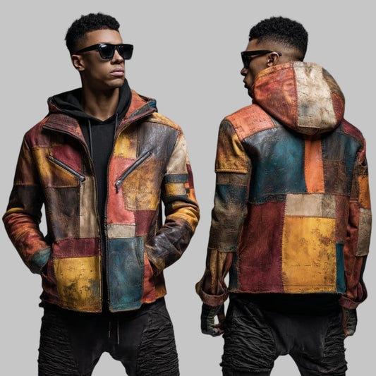 Men Patchwork Leather Hoodie Jacket