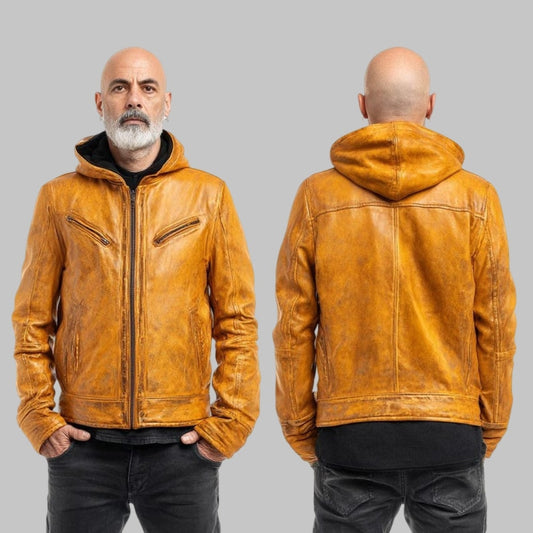 Men Mustard Yellow Leather Hoodie Jacket