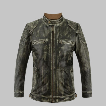 William Charcoal Distressed Leather Jacket with Quilted Shoulders