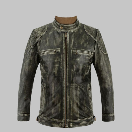 William Charcoal Distressed Leather Jacket with Quilted Shoulders