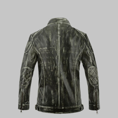 William Charcoal Distressed Leather Jacket with Quilted Shoulders