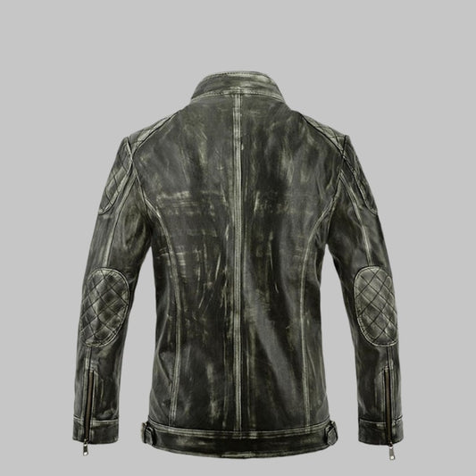 William Charcoal Distressed Leather Jacket with Quilted Shoulders