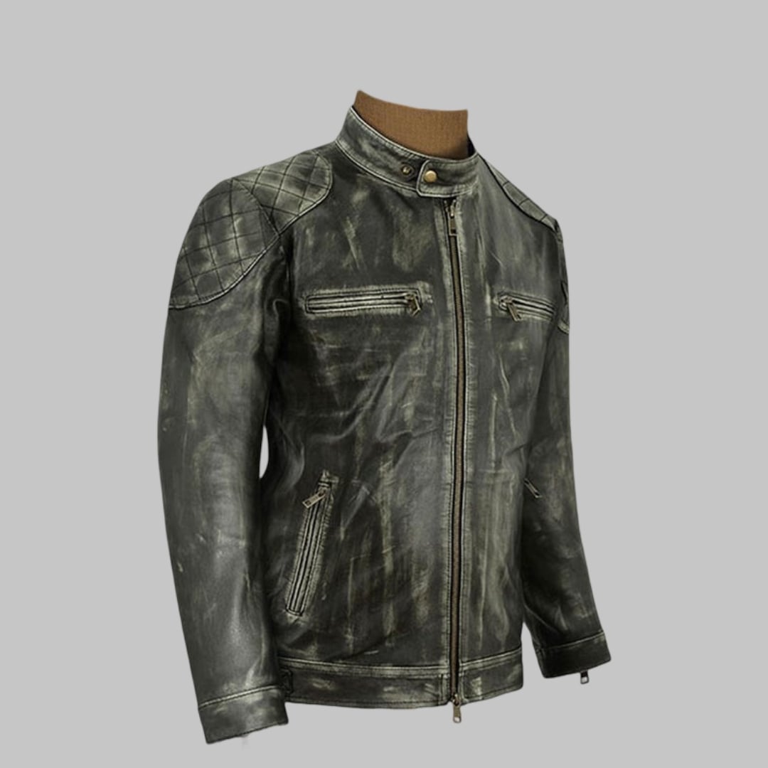 William Charcoal Distressed Leather Jacket with Quilted Shoulders