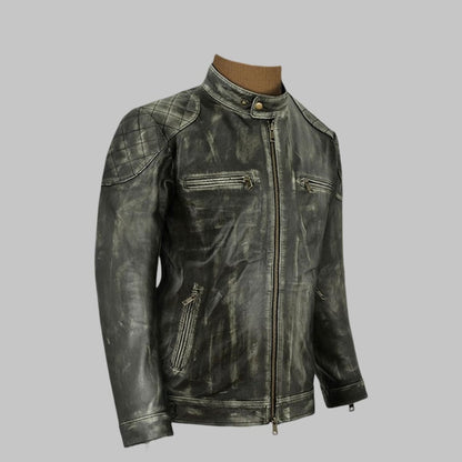 William Charcoal Distressed Leather Jacket with Quilted Shoulders