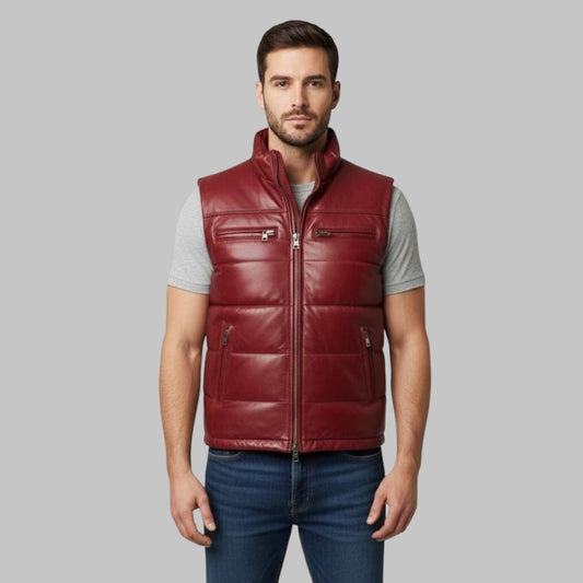 Red Leather Bubble Vest Men Handmade Sleeveless Puffer Jacket